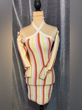 Princess Polly Striped Off-Shoulder Dress in Pink, Yellow & Orange